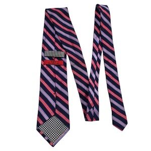 VIV Men Silk Blend Striped REPP Necktie Houndstooth Accent Navy Blue Pink Preppy